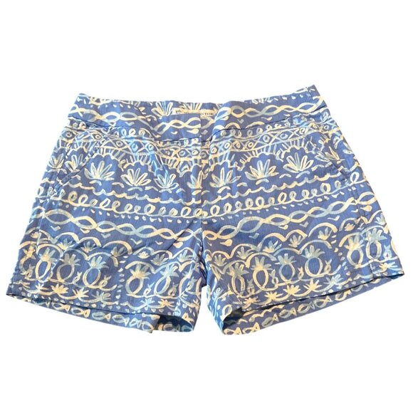 Southern Tide Womens Blue White Cotton Shorts Sz 2 Tropical Tribal Print Preppy - Picture 1 of 7